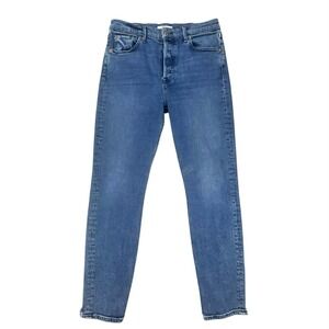 GRLFRND High Waisted Button Fly Jeans Medium Wash Distressed Raw Hem Size 30 EUC